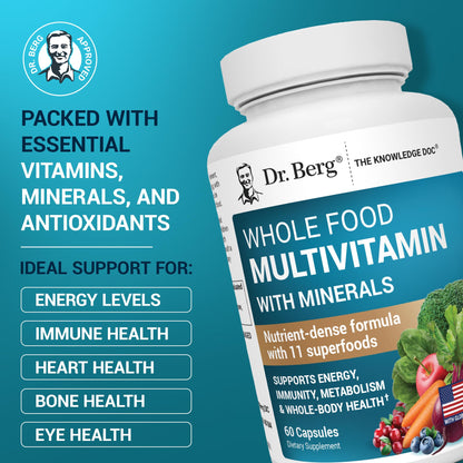 Dr. Berg Whole Food Multivitamin with Minerals - Daily Multivitamin for Men and Women - Includes Premium Whole Food Fruits and Vegetable Blend with Folate