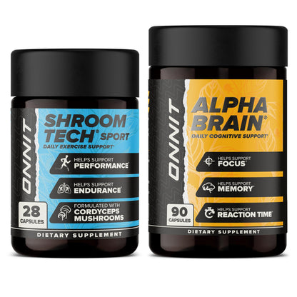ONNIT Cognitive & Endurance Support Bundle: Alpha Brain Nootropic Capsules (90 Count) + Shroom Tech Sport Exercise Support Capsules (28 Count), IGEN Non-GMO Tested Focus, Energy & Endurance, 2 Pack ONNITBuy Supplements Australia