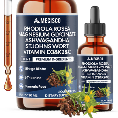 17in1 Rhodiola Rosea Liquid Drops with blend Ashwagandha Magnesium, L-Theanine. Ultra Strength Rhodiola Cortisol Supplement, Rhodiola Root for Support Relaxation, Mood, Energy - 1 FL Oz - 60 Day MeciscoBuy Supplements Australia