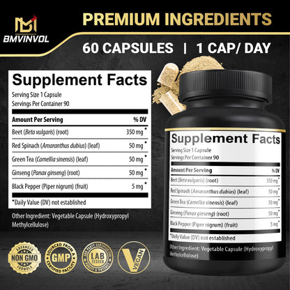 Beet Root Capsules - Green Tea, Red Spinach, Ginseng, Black Pepper - 90 Count - Supports Digestive, Immune System, Energy Levels - 3 Month Supply BMVINVOLBuy Supplements Australia