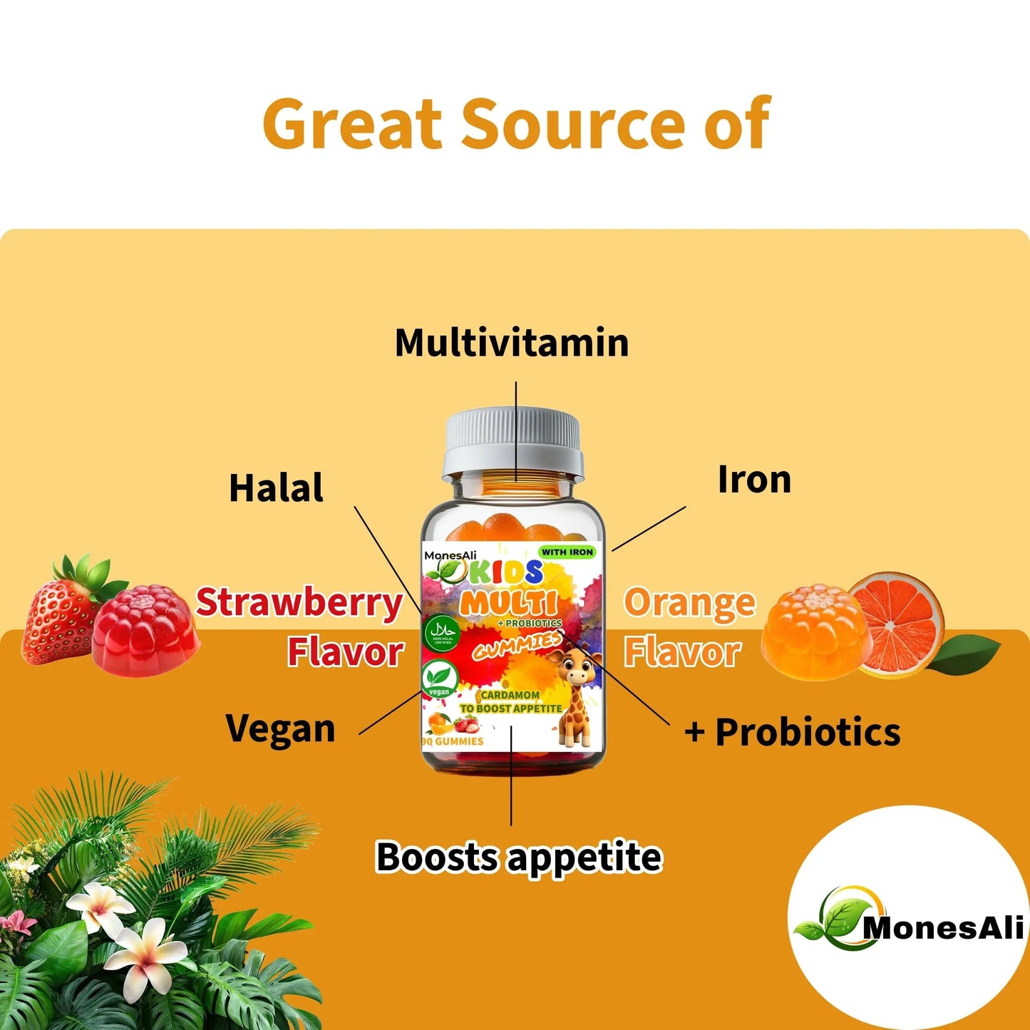 MonesAli Kids Multivitamin Gummies with Iron & Probiotics – Vegan, Gelatin-Free, Halal, Orange & Strawberry Flavors, 90 Count MonesAli