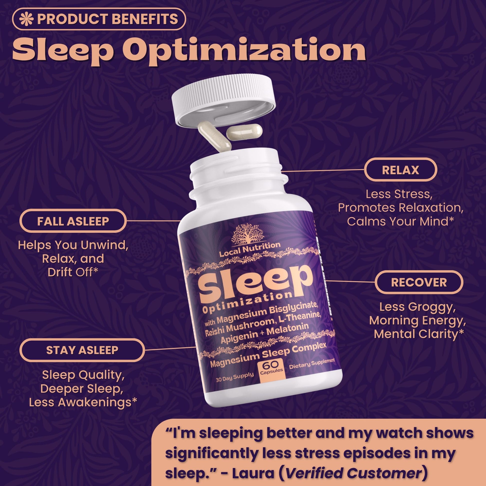 Local Nutrition Natural Sleep Aid with Magnesium Glycinate, Reishi Mushroom Extract, L-Theanine, Apigenin, and Melatonin - Sleep Supplement for Adults Seeking Deep Rest - 60 Capsules, Made in The USA Local NutritionBuy Supplements Australia