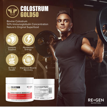 Re+Gen Nutrition Colostrum Gold 50 Bovine Colostrum Powder for Gut Health, Immune Support & Muscle Recovery – 50% IgG Concentration, Grass Fed, Gluten Free, No Artificial Ingredients Re+Gen NutritionBuy Supplements Australia