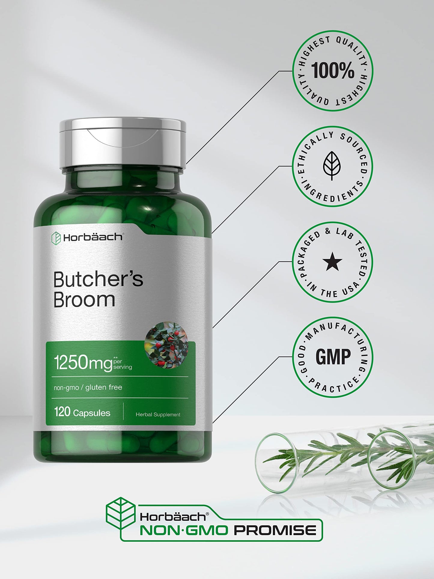 Butchers Broom Capsules 1250mg | 120 Count | Non-GMO, Gluten Free | Traditional Herb HorbäachBuy Supplements Australia