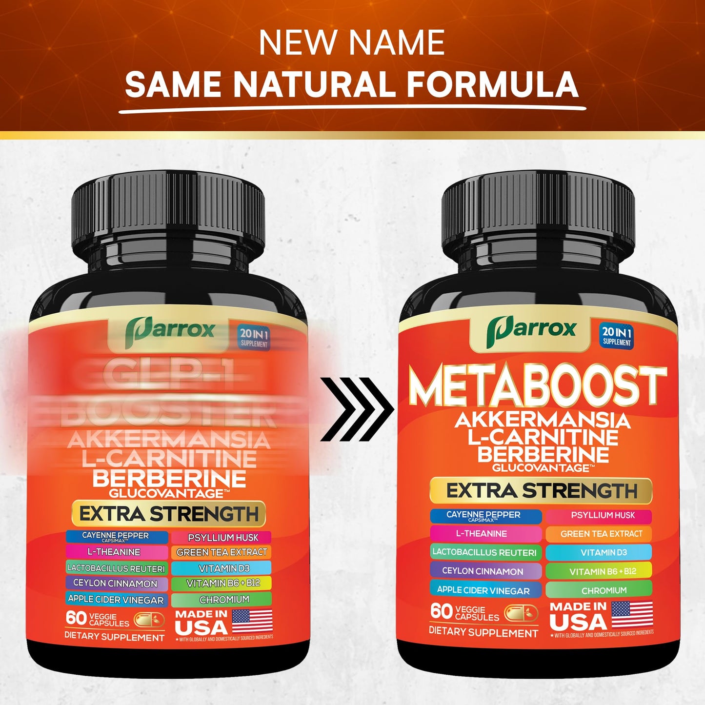 GLP-1 Booster Supplement, Akkermansia, L-Carnitine, Berberine (GlucoVantage), Methylfolate, Methylated B12, Chromium, Capsimax, Psyllium Husk, Probiotics Vitamins D3, B6, 20-in-1 Plant-Based (60 Caps) ParroxBuy Supplements Australia