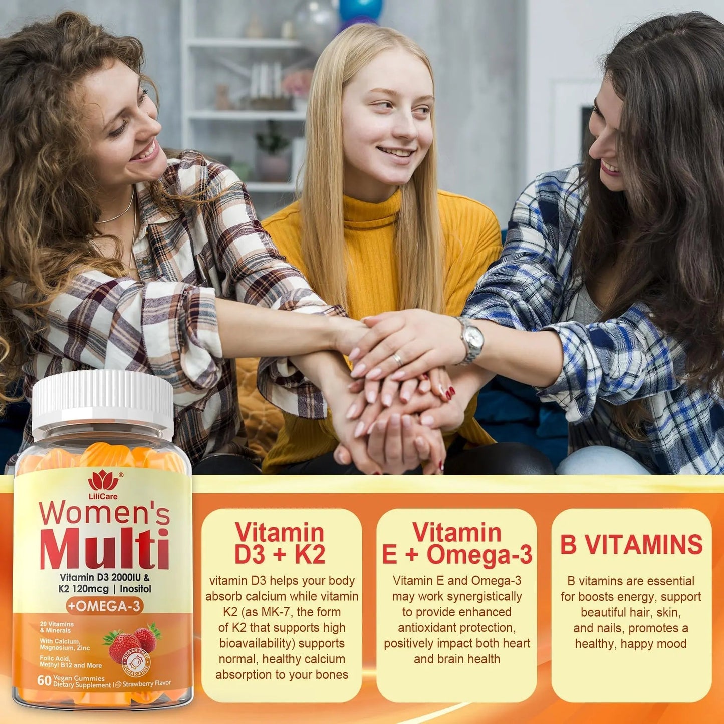 Womens Multivitamin Gummy with Omega 3（DHA/EPA), Vitamin D3 K2, Calcium, Inositol, Daily Womens Vitamin A C E B Complex LILICAREBuy Supplements Australia