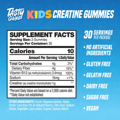 TASTY GAINS Kids & Teen Creatine Gummies with Vitamin B12 for Growth Support, Easy Chew Daily Supplement, Gummy Vitamins for Kids and Teens, Ages 5+ TASTY GAINSBuy Supplements Australia