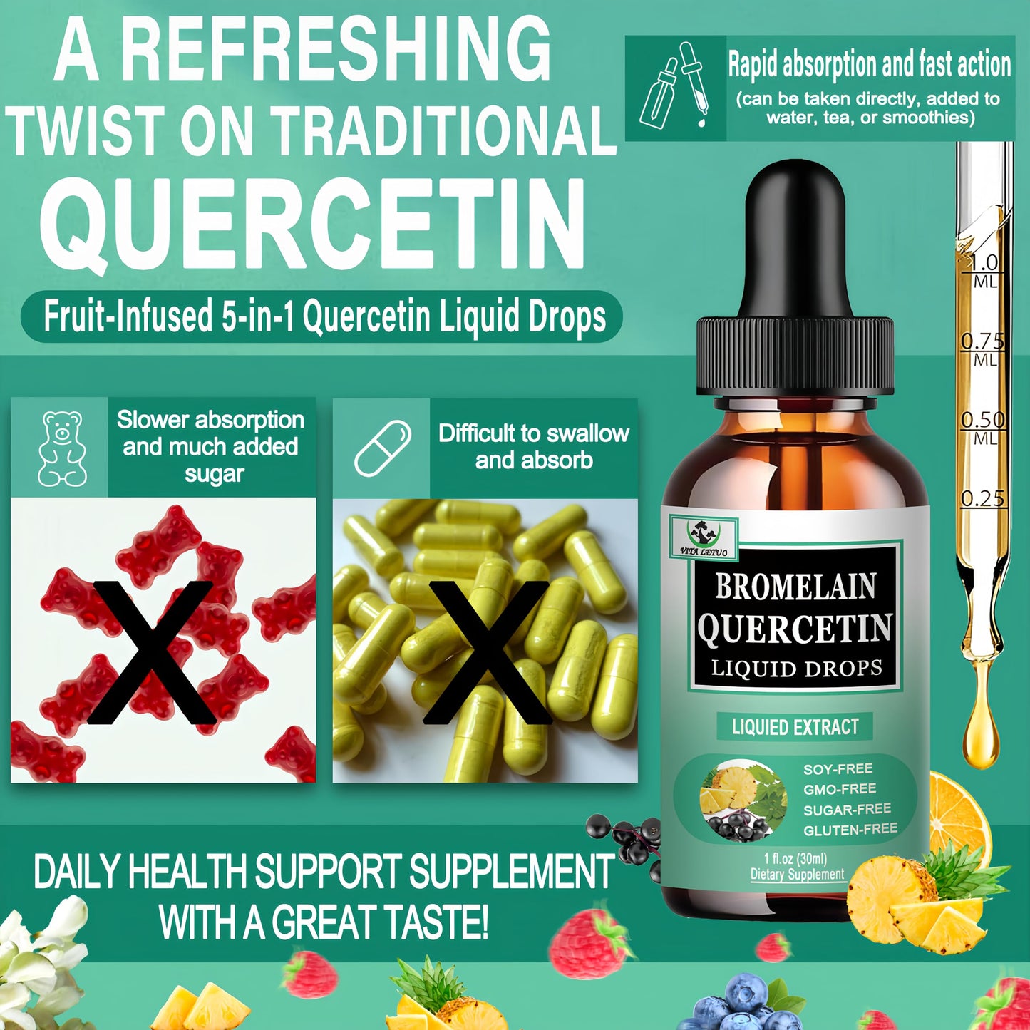 Quercetin Liquid Drops, Quercetin with Bromelain Elderberry Nettle Leaf Vitamin C Liquid Supplements, High Absorption Quercetin Liquid Drops for Women Men, Healthy Immune Antioxidant Support, Non-GMO Vita letuoBuy Supplements Australia