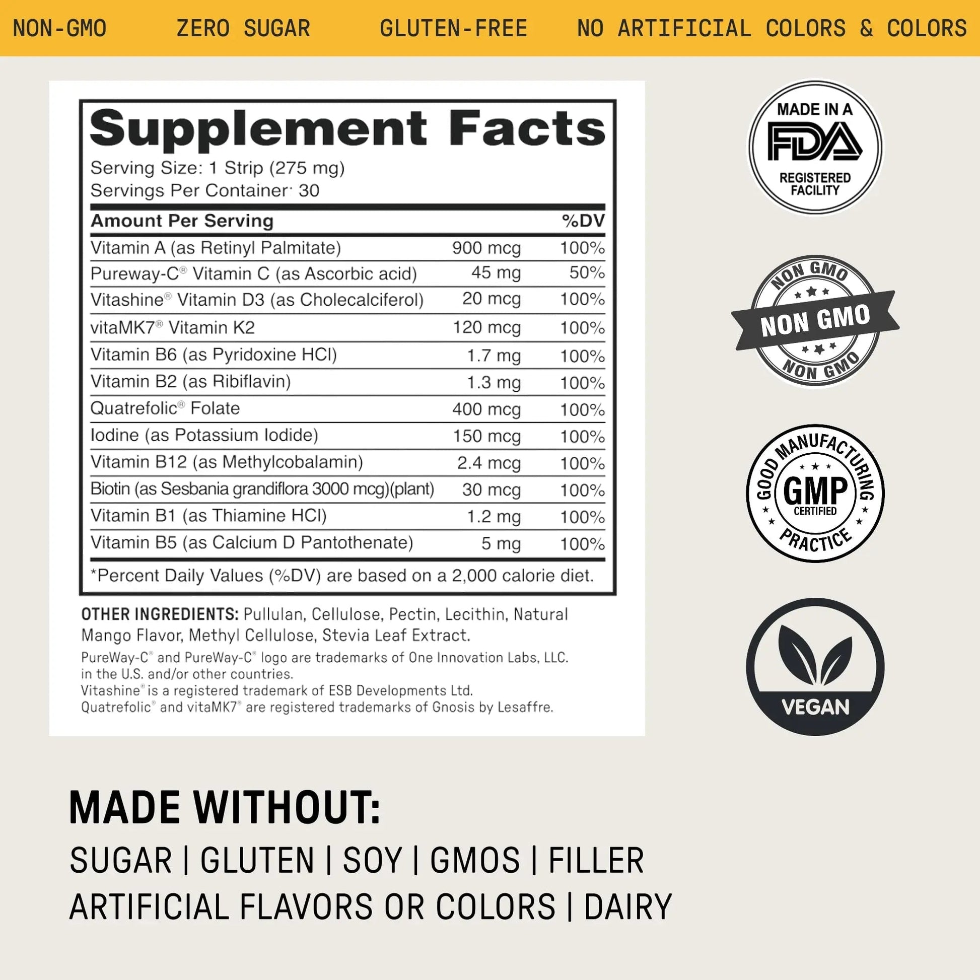 Meche Multivitamin for Women and Men Strip Supplements - Vitamins A, C, D, B6, Methylated B12, Folate, Biotin - Beauty, Energy, Immune Support Meche