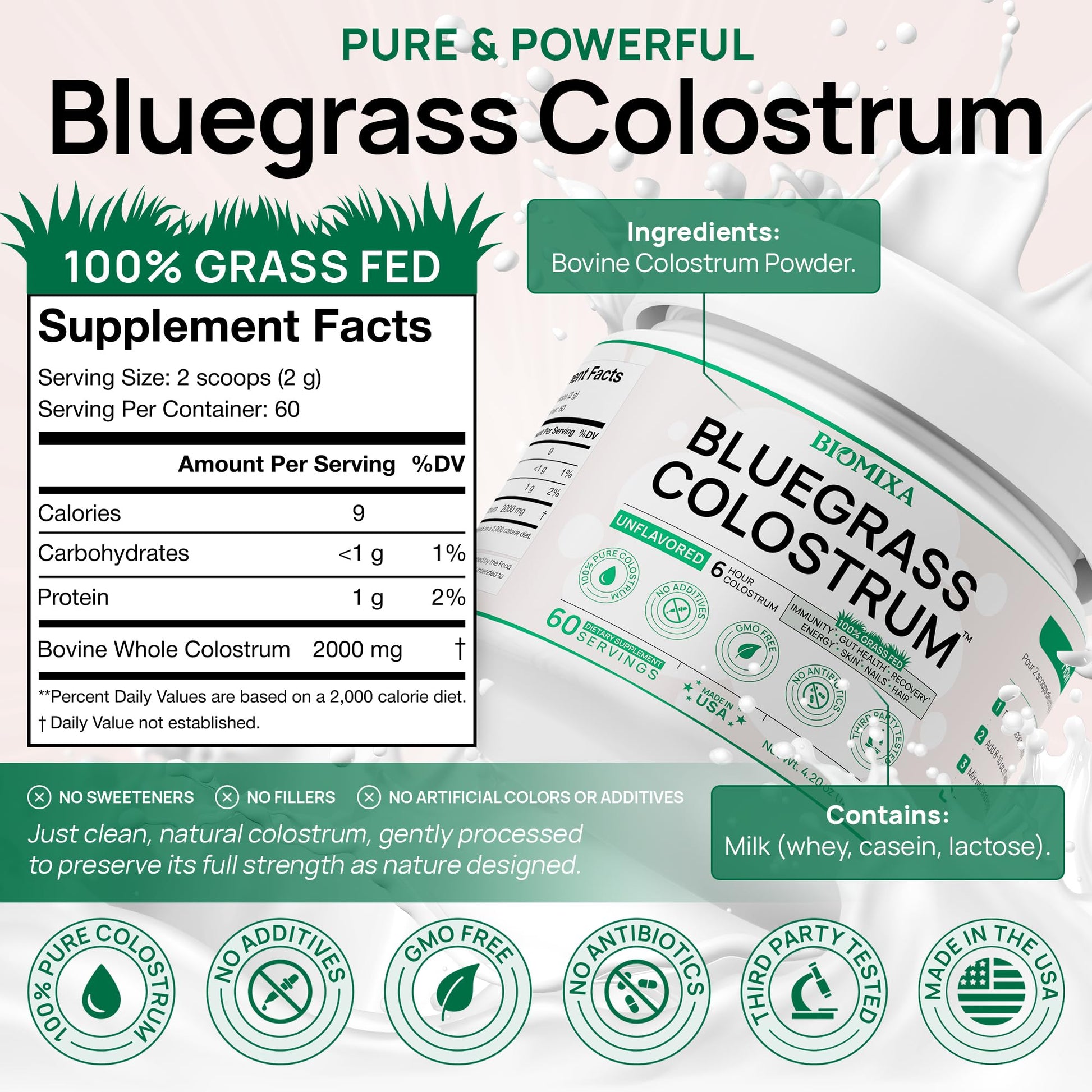 Bovine Colostrum Supplement - 100% Pure Whole Colostrum Powder - Grass-Fed, Unflavored, No Additives, Gut & Immune Support, Natural IgG, 60 Servings - Made in USA Bluegrass ColostrumBuy Supplements Australia
