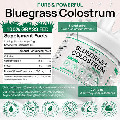 Bovine Colostrum Supplement - 100% Pure Whole Colostrum Powder - Grass-Fed, Unflavored, No Additives, Gut & Immune Support, Natural IgG, 60 Servings - Made in USA Bluegrass ColostrumBuy Supplements Australia
