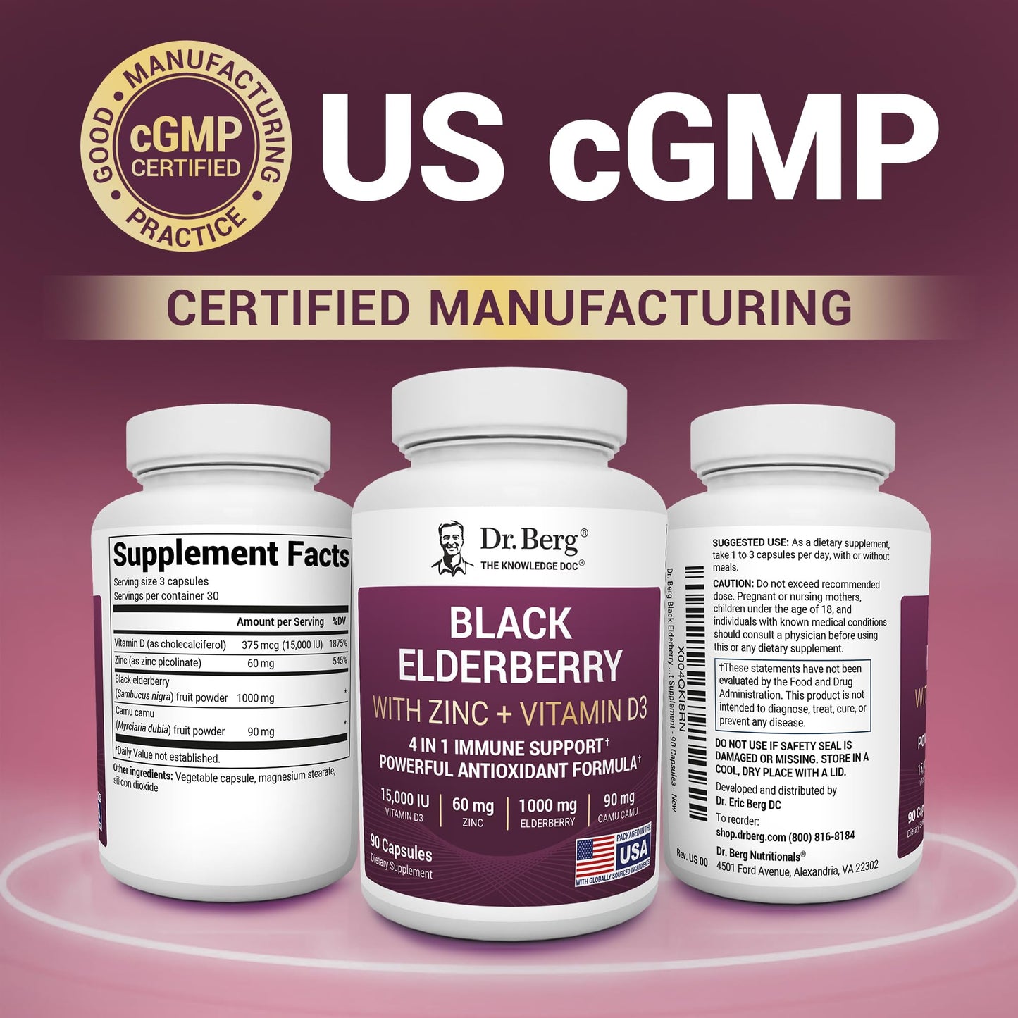 Dr. Berg Black Elderberry Capsules (Advanced Immune Support*) with 15,000 IU Vitamin D, 60 mg of Zinc, & 90 mg of Camu Camu - (4-in-1) Sambucus Elderberry Immune Support Supplement - 90 Capsules Dr. Berg NutritionalsBuy Supplements Australia