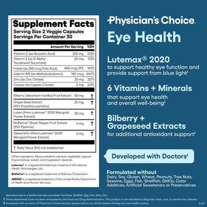Physician's Choice Eye Health - Lutein, Zeaxanthin & Bilberry Extract - Supports Eye Strain, Dry Eyes, and Vision Health - 2 Award-Winning Clinically
