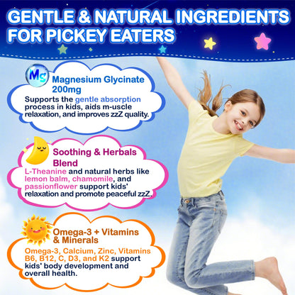 Kids Magnesium Glycinate Gummies - Magnesium Glycinate Supplement 200mg with L-theanine Omega-3 Calcium Vitamin D3 & B12 for Kids Natural Zzz at Bedtime & Overall Health