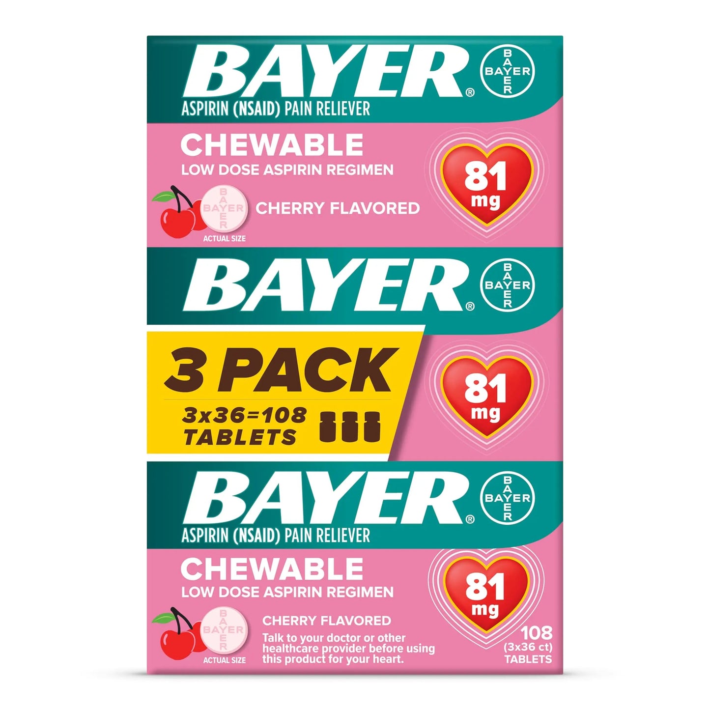 Bayer Aspirin Low Dose 81 mg Chewable Tablets, Pain Reliever, Cherry Flavored, 108 Tablets (36 Pack of 3) BayerBuy Supplements Australia