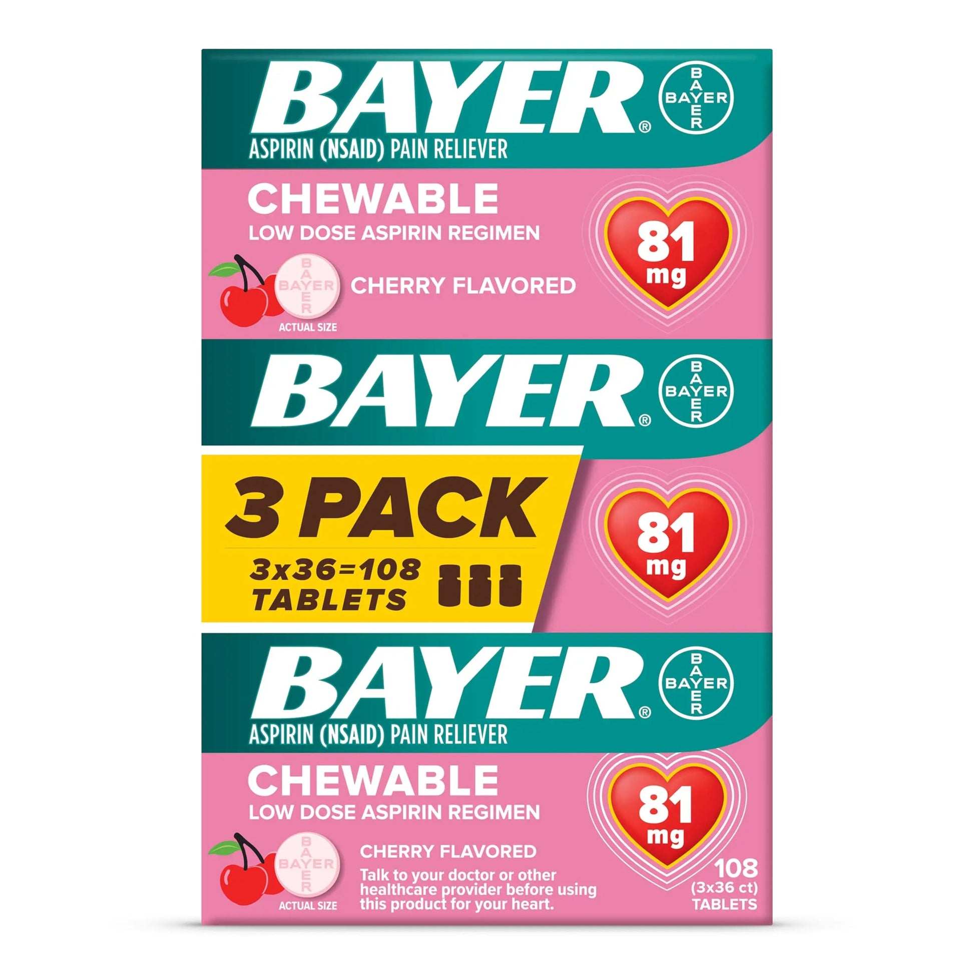 Bayer Aspirin Low Dose 81 mg Chewable Tablets, Pain Reliever, Cherry Flavored, 108 Tablets (36 Pack of 3) BayerBuy Supplements Australia