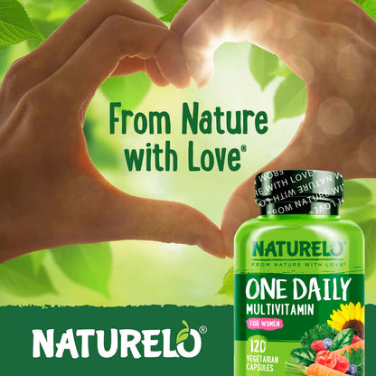 NATURELO One Daily Multivitamin for Women w/Vitamin B12, 120 Ct, Energy Support, Whole Food Daily Women Multivitamin Supplement, Nourish Hair/Skin/Nail, Non-GMO