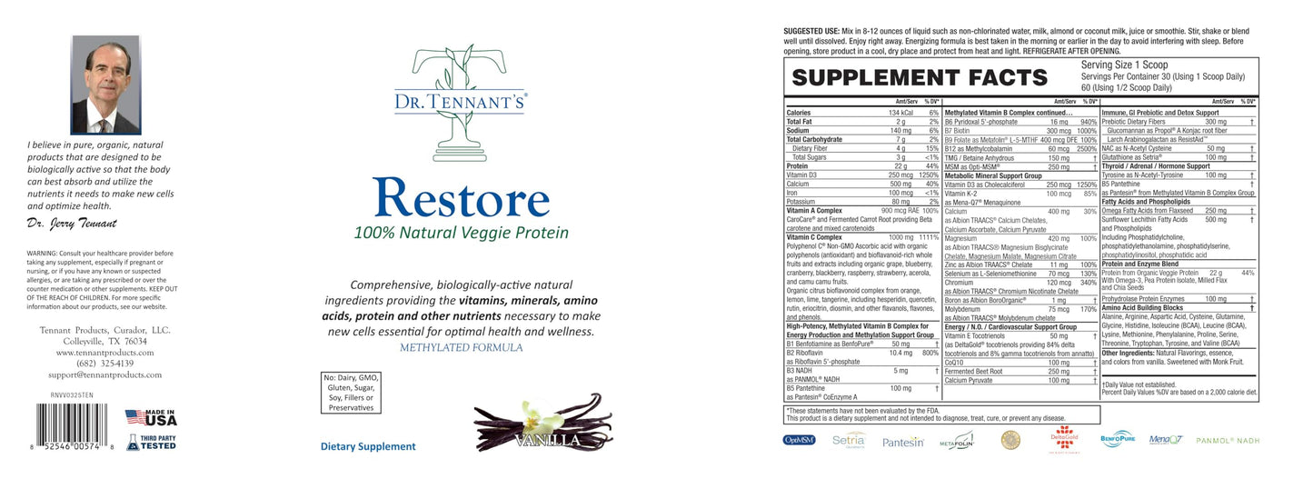 Restore Vanilla Veggie Protein | Premium Plant-Based Protein - 100% Natural and Omega 3 Fusion, Including Pea Protein Isolate - Low Carb, Keto, Dairy Free - 30 Day Supply Dr. Tennant's Dr. Tennant'sBuy Supplements Australia