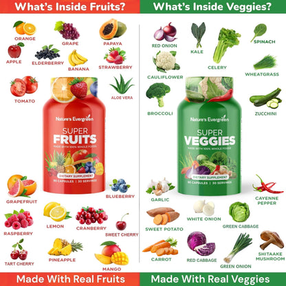 Fruits and Veggies Supplement - Nature Fruits and Vegetables Supplements - Vegan, Non GMO, Soy Free, Superfood Vitamins & Minerals Nutritional Balance - (Total 180 Capsules - Pack of 2) Made in USA Nature's EvergreenBuy Supplements Australia