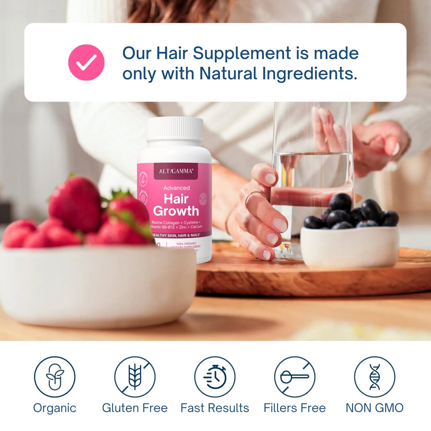 ALTAGAMMA Hair Growth Supplements - Nourishes Thinning, Strengthen Nails & Skin & Combat Hair Loss - Hair Growth Vitamins for Women & Men with Marine Collagen Peptides, 60 Capsules | 30 Day Supply ALTAGAMMABuy Supplements Australia