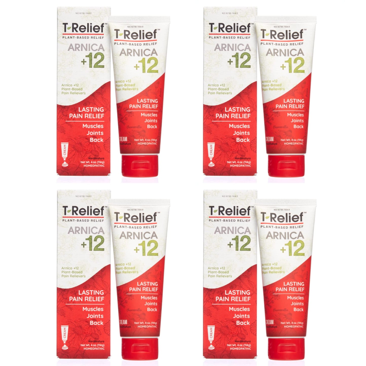 T-Relief Arnica +12 Cream Natural Relieving Actives for Back Pain Joint Soreness Muscle Aches & Stiffness, Whole Body Fast Acting Relief for Women & Men - 4 oz (4 Pack) MediNaturaBuy Supplements Australia