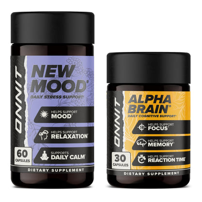 ONNIT Cognitive & Mood Support Bundle: Alpha Brain Nootropic Capsules (30 Count) + New Mood Stress Support Capsules (60 Count), IGEN Non-GMO Tested Focus, Mental Clarity, Relaxation & Sleep, 2 Pack ONNITBuy Supplements Australia