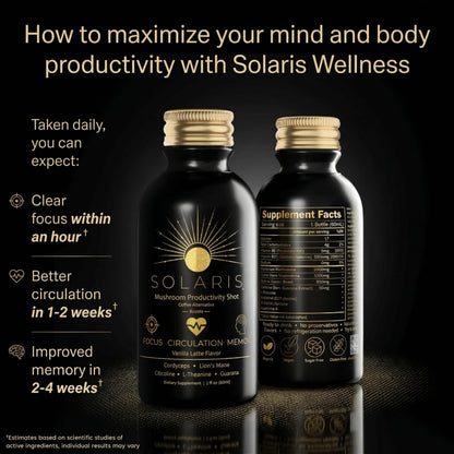 Solaris Mushroom Productivity Wellness Shots | Focus, Circulation, Memory | 4000mg of Cordyceps & Lion's Mane | Citicoline, L-Theanine, Vitamin B6/B12 | Coffee Alternative (6-Pack) Solaris ExtractsBuy Supplements Australia
