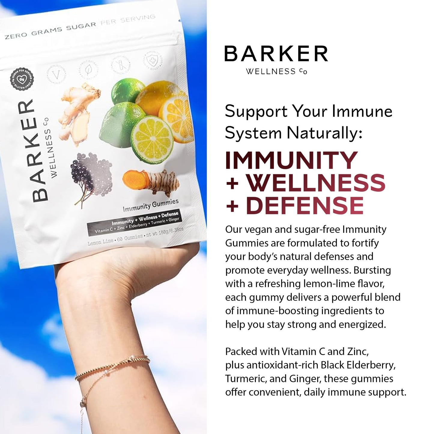 Barker Wellness Immunity Gummies with Vitamin C, Zinc, Elderberry, Turmeric & Ginger for Daily Immune Support | Vegan, Sugar-Free, Lemon-Lime Flavor | Seasonal Wellness Essentials, 60 Count Barker Wellness CoBuy Supplements Australia