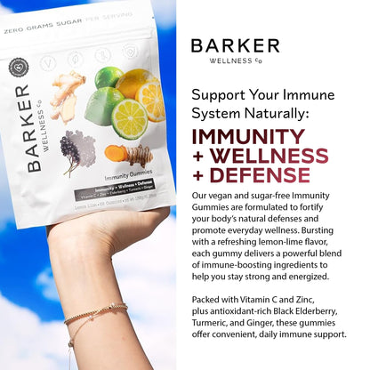 Barker Wellness Immunity Gummies with Vitamin C, Zinc, Elderberry, Turmeric & Ginger for Daily Immune Support | Vegan, Sugar-Free, Lemon-Lime Flavor | Seasonal Wellness Essentials, 60 Count Barker Wellness CoBuy Supplements Australia