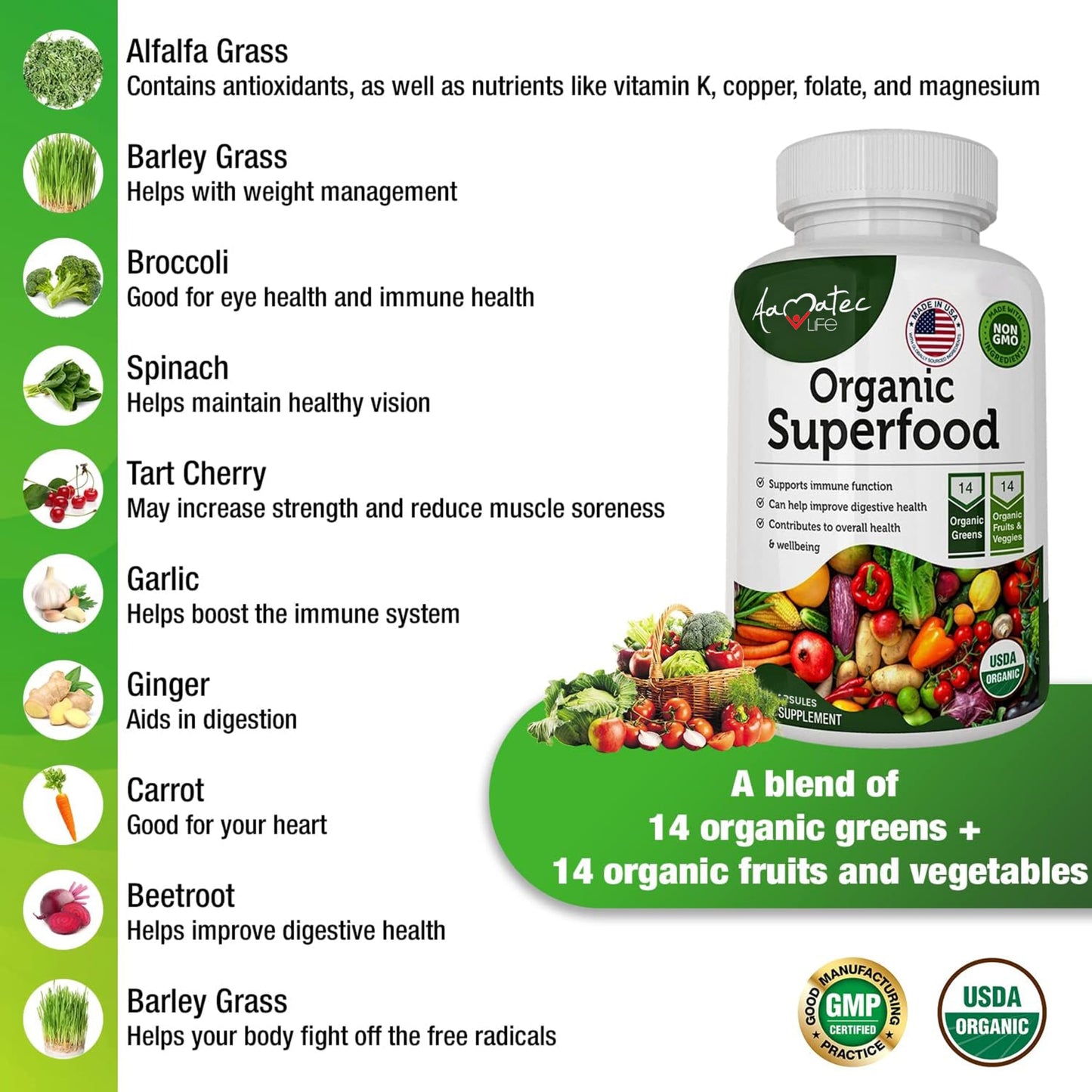 AAMATEC LIFE Organic Superfood Greens Fruits and Veggies Complex - Dietary Supplement with 14 Greens &14 Vegetables with Alfalfa Rich in Antioxidants Organic Ingredients Non-GMO (120 Count Pack of 2) AAMATEC LIFEBuy Supplements Australia
