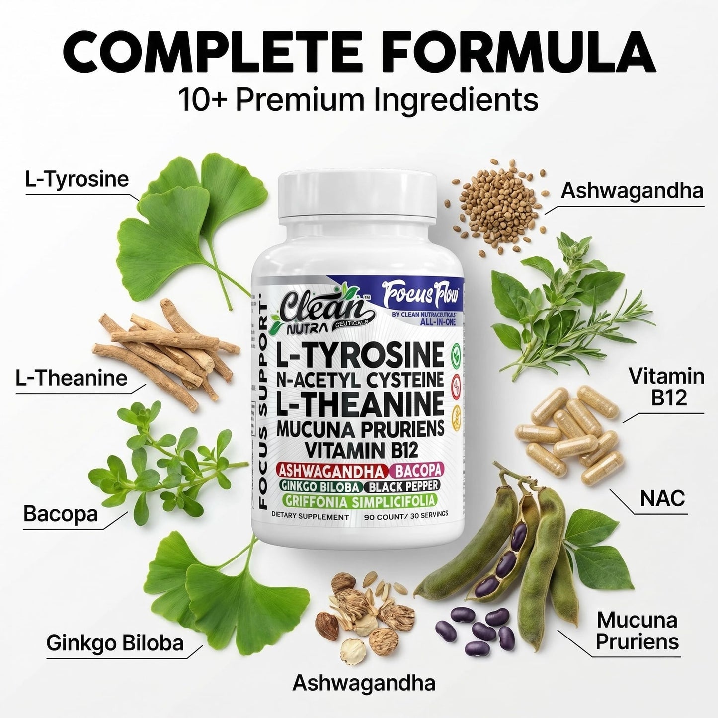 Focus Flow L-Tyrosine Vitamin B C D L-Theanine Ashwagandha Ginkgo Biloba Vitamin B12 Thiamine Black Pepper N-Acetylcysteine Mucuna Pruriens 90 Count Capsules by Clean Nutra Clean NutraceuticalsBuy Supplements Australia