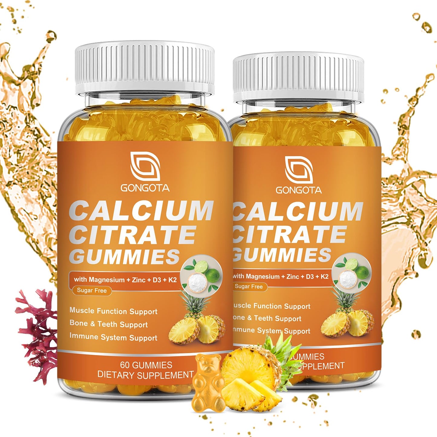 GONGOTA Calcium Citrate 1200mg with Vitamin D3 Gummies, Chewable Calcium for Bone, Muscle, Joints, Immune Support, Calcium Supplements for Women & Men,Sugar Free, Pineapple Flavor - 120 Gummies GONGOTABuy Supplements Australia