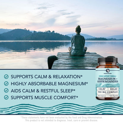 Magnesium Ashwagandha | Calming Magnesium Supplement for Adults | Relax, Rest, Calm Mood & Sleep Support | Mag Citrate & Oxide 400 mg + Ashwagandha 500 mg