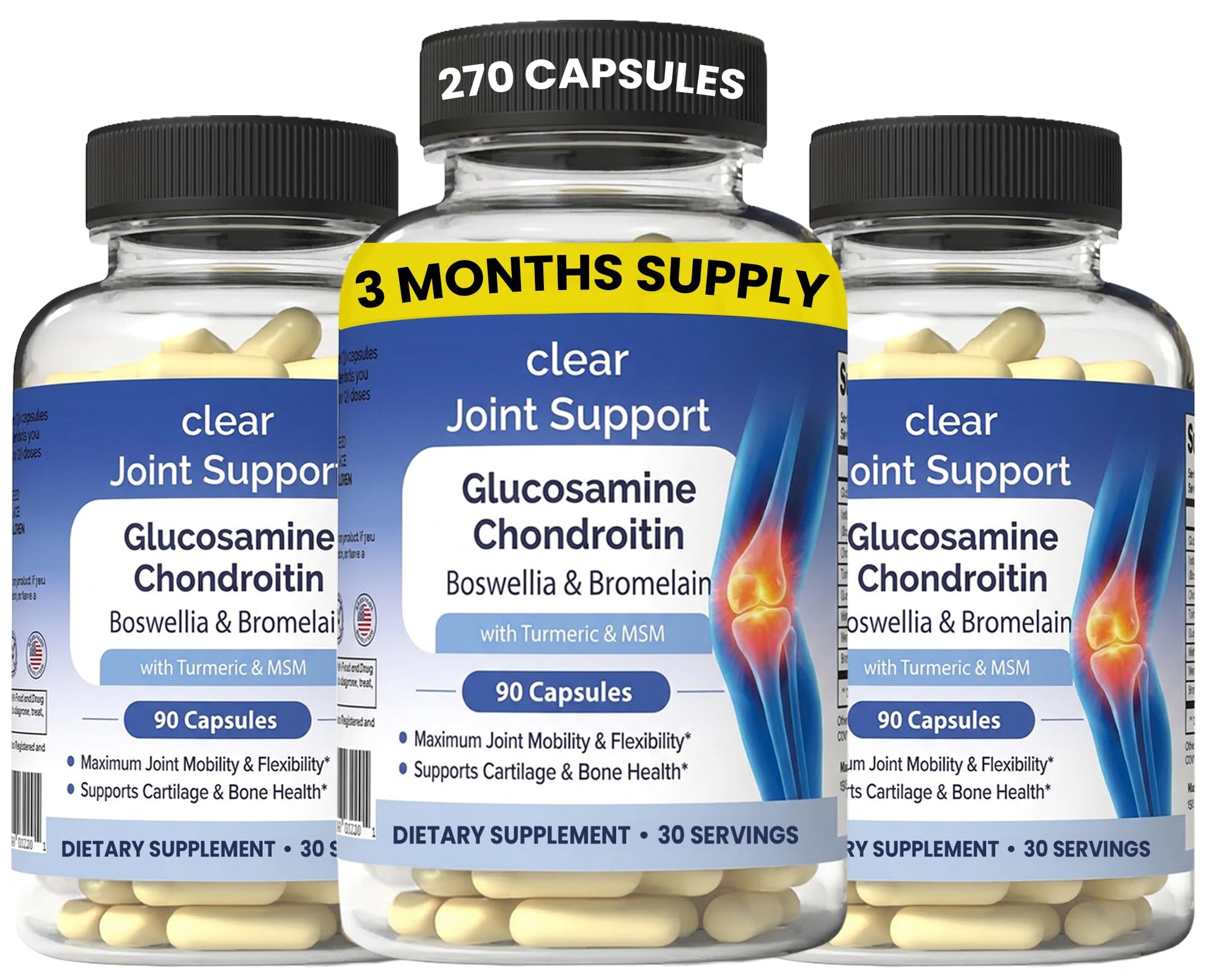 Clear Joint Support - 3-Month Supply | 3-Pack (270 Capsules) | Glucosamine Chondroitin MSM, Turmeric & Boswellia | Supports Knee, Hip & Back Health | Made in USA Clear ProbioticsBuy Supplements Australia