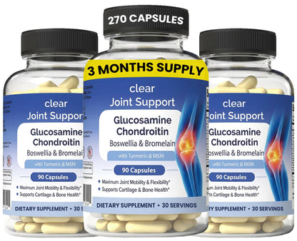 Clear Joint Support - 3-Month Supply | 3-Pack (270 Capsules) | Glucosamine Chondroitin MSM, Turmeric & Boswellia | Supports Knee, Hip & Back Health | Made in USA Clear ProbioticsBuy Supplements Australia