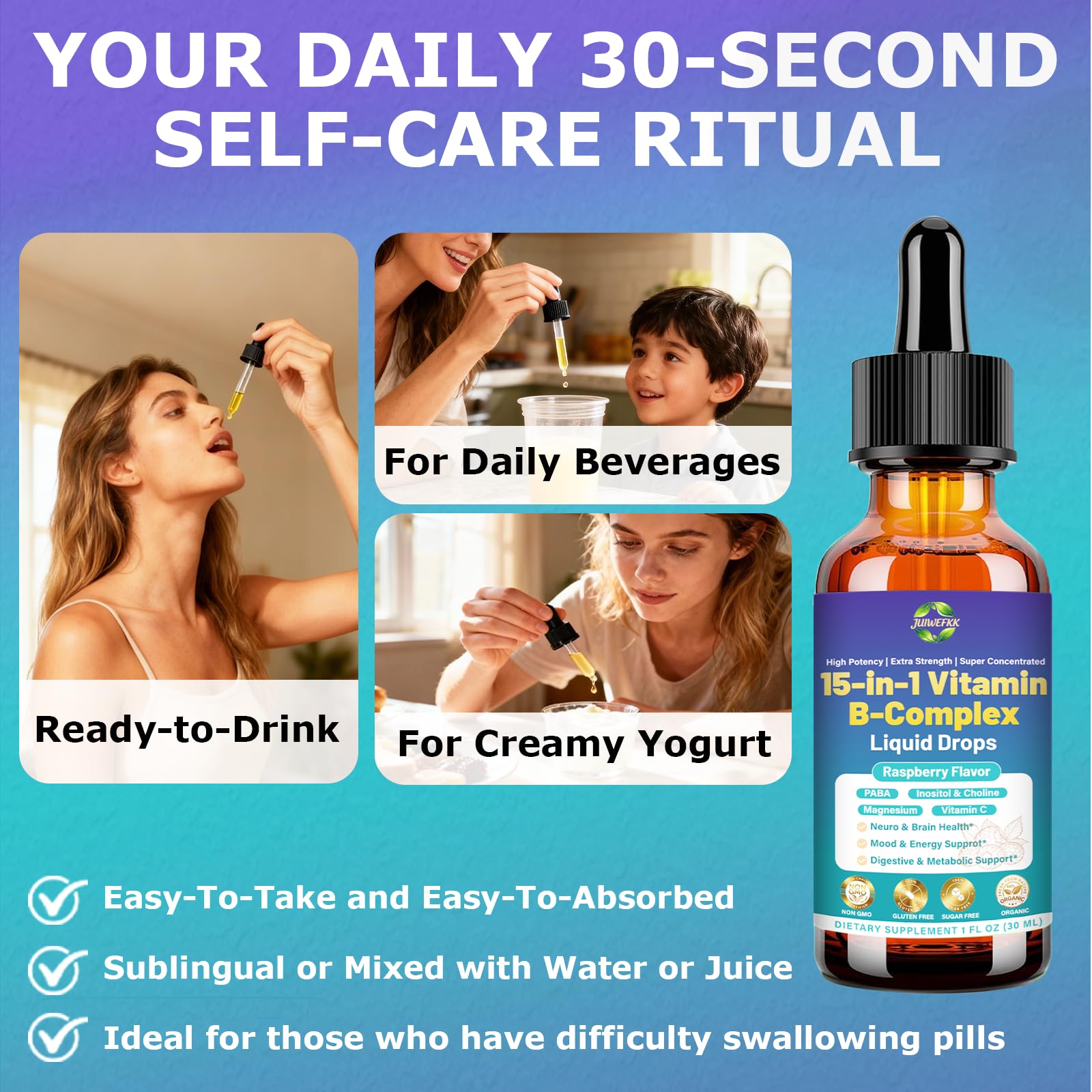 Advanced Vitamin B Complex Liquid Drops for Women Men & Kids, 15-in-1 VIT B Complex with Vitamin C B12 B6 B1 Niacin Folate for Brain Nerve Neuropathy Energy Mood Health, Sublingual B-Complex Drops JUIWEFKKBuy Supplements Australia