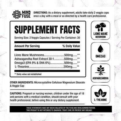 Nootropic Memory Booster Supplement for Adults - Lion’s Mane Capsules with Omega-3, Ashwagandha & L-Theanine for Focus & Memory - Gluten-Free 60 Capsules Mind FuseBuy Supplements Australia