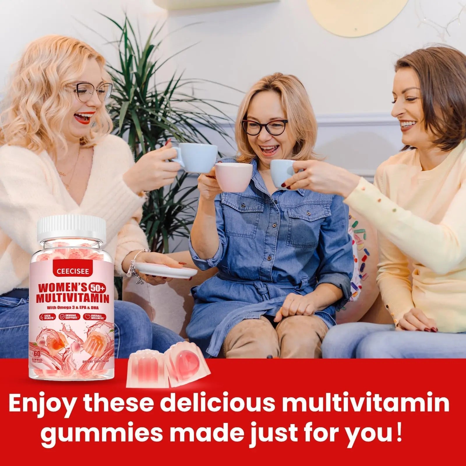 Ceecisee Vitamin Gummies for 50+ Women: Organic Vegan Multivitamin with Iron Omega3 B12 D3 Biotin Zinc Ashwagandha for Hair Skin Health Energy Immune Suppor Ceecisee