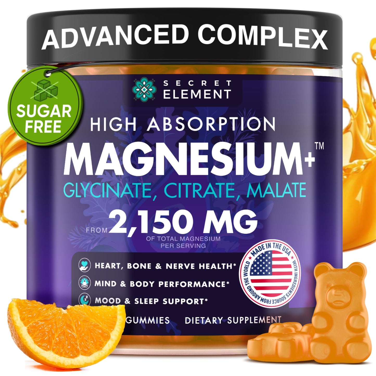 Magnesium Glycinate 2150MG Gummies for Women and Men, High Absorption Magnesium Glycinate, Citrate, Malate Gummies for Adults & Kids, Sleep Support, Sugar Free, Vegan, 60 Chews, Orange Secret ElementBuy Supplements Australia
