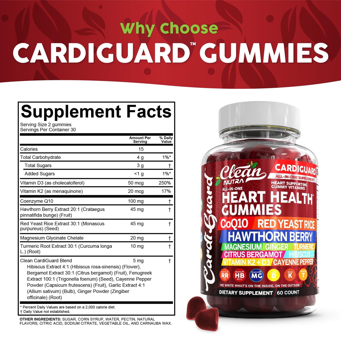Clean Nutraceuticals Coq10 Gummies | Red Yeast Rice Hawthorn Berry Ginger Turmeric Citrus Bergamot Hibiscus Vitamin K2+D3 Magnesium Glycinate Cayenne Pepper Fenugreek Orange Flavor CardiGuard Clean NutraceuticalsBuy Supplements Australia