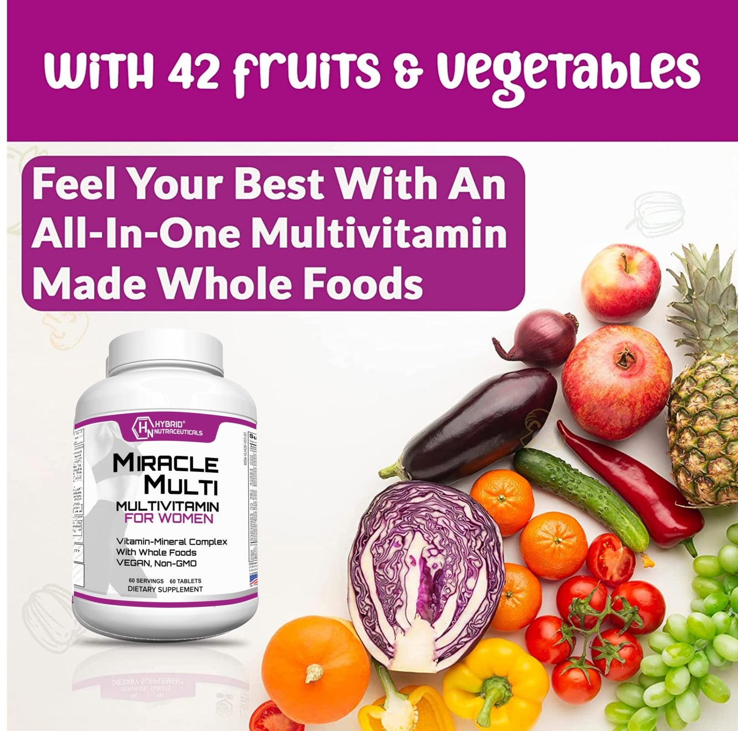Hybrid Nutraceuticals MiracleMulti Women Multivitamin with Probiotics, Biotin, Folic Acid, Enzymes + Fruit & Vegetable Blend - Immune Support, Heart Health, Energy: 60 Servings (Non-GMO) Hybrid NutraceuticalsBuy Supplements Australia