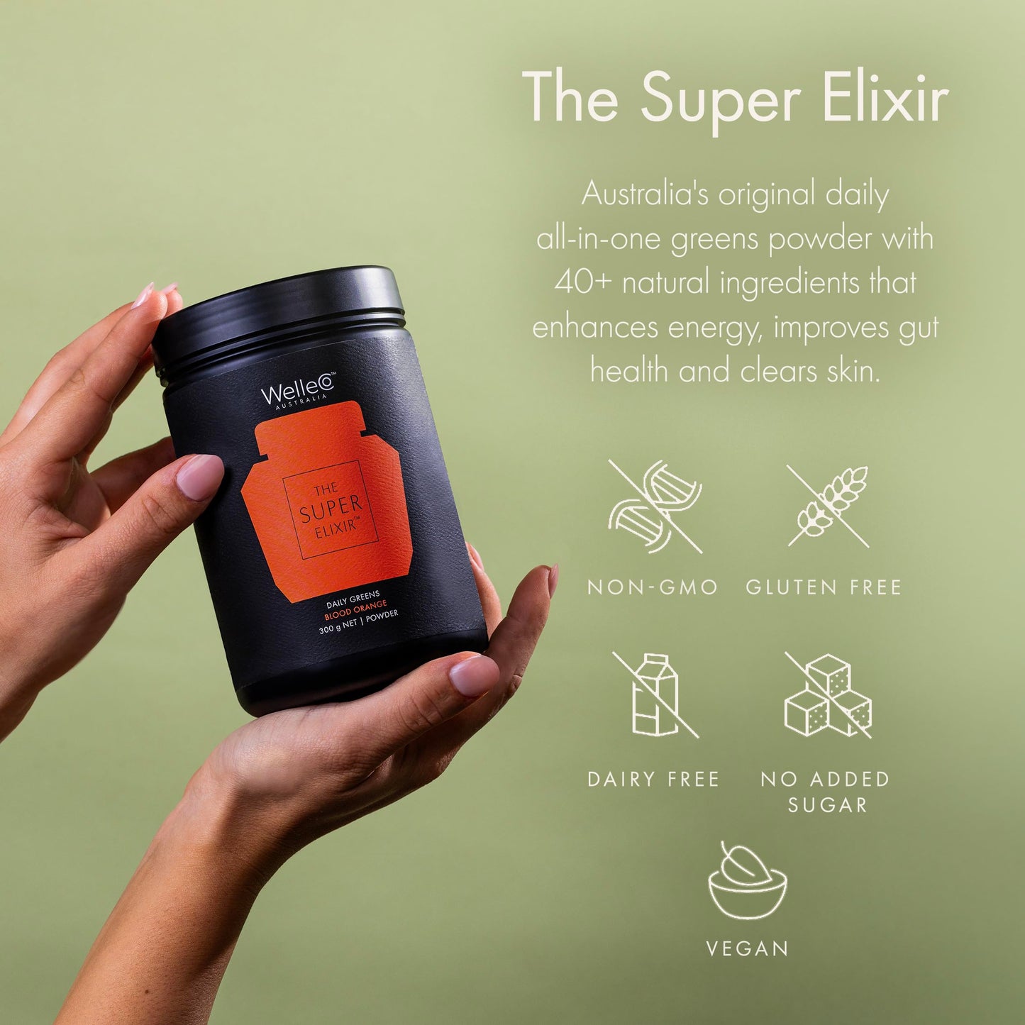 WelleCo The Super Elixir Daily Greens Powder, Probiotic Drink Mix with Whole Foods, Gluten Free, Vegan Gut Health Powder, Energy, Immunity, Healthy Skin, Hair & Nails (Jar, Blood Orange) WelleCoBuy Supplements Australia