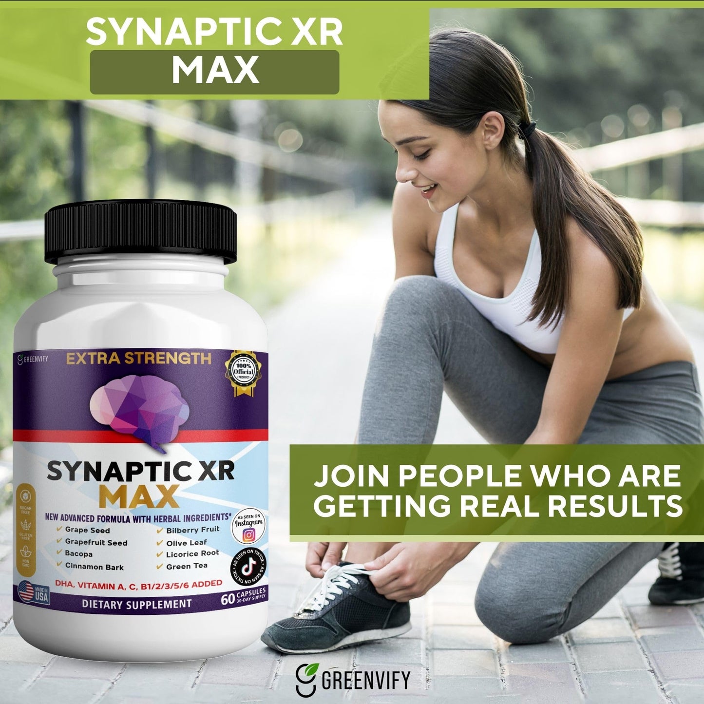 GREENVIFY Synaptic XR Max Extra Strength Brain Support Supplement with Herbal Ingredients, 60 Capsules, DHA Vitamins, Nootropic Formula (1) GREENVIFYBuy Supplements Australia