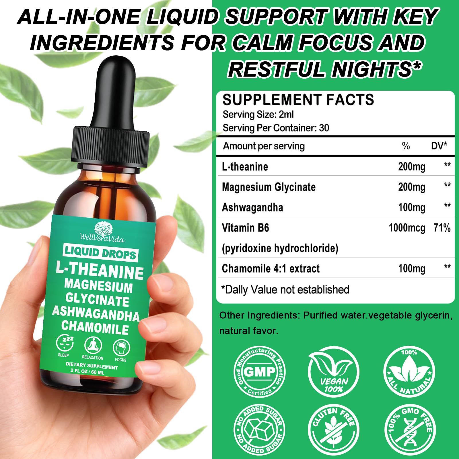L theanine Liquid Drops, Theanine Supplement With Magnesium Glycinate & Ashwagandha for Sleep, Relaxation & Focus Support, High Absorption Liquid L Theanine 200mg for Adults & Kids丨Vegan, Non-GMO, 2oz WellVeraVidaBuy Supplements Australia