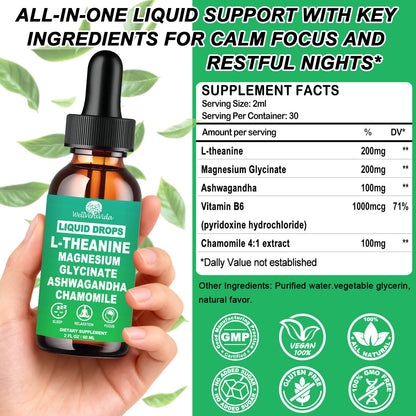 L theanine Liquid Drops, Theanine Supplement With Magnesium Glycinate & Ashwagandha for Sleep, Relaxation & Focus Support, High Absorption Liquid L Theanine 200mg for Adults & Kids丨Vegan, Non-GMO, 2oz WellVeraVidaBuy Supplements Australia