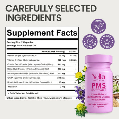 YELLA WELLNESS Hormone Balance for Women - PMS Support Supplement for Women w/Chaste Tree, Dong Quai and Ashwagandha- PMS and Menopause Relief for Bloating, Cramps and Mood Swings- (60ct) YELLA WELLNESSBuy Supplements Australia