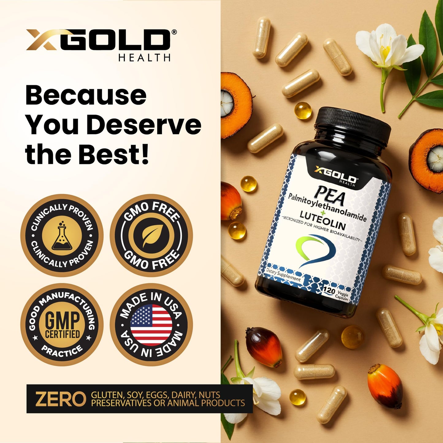 Palmitoylethanolamide 630 mg + Luteolin Standardized 98%- Micronized Pea 99% Highly Purified and Bioavailable - Made in USA - Supplement for Men and Women - 120 Veggie Capsules X Gold HealthBuy Supplements Australia