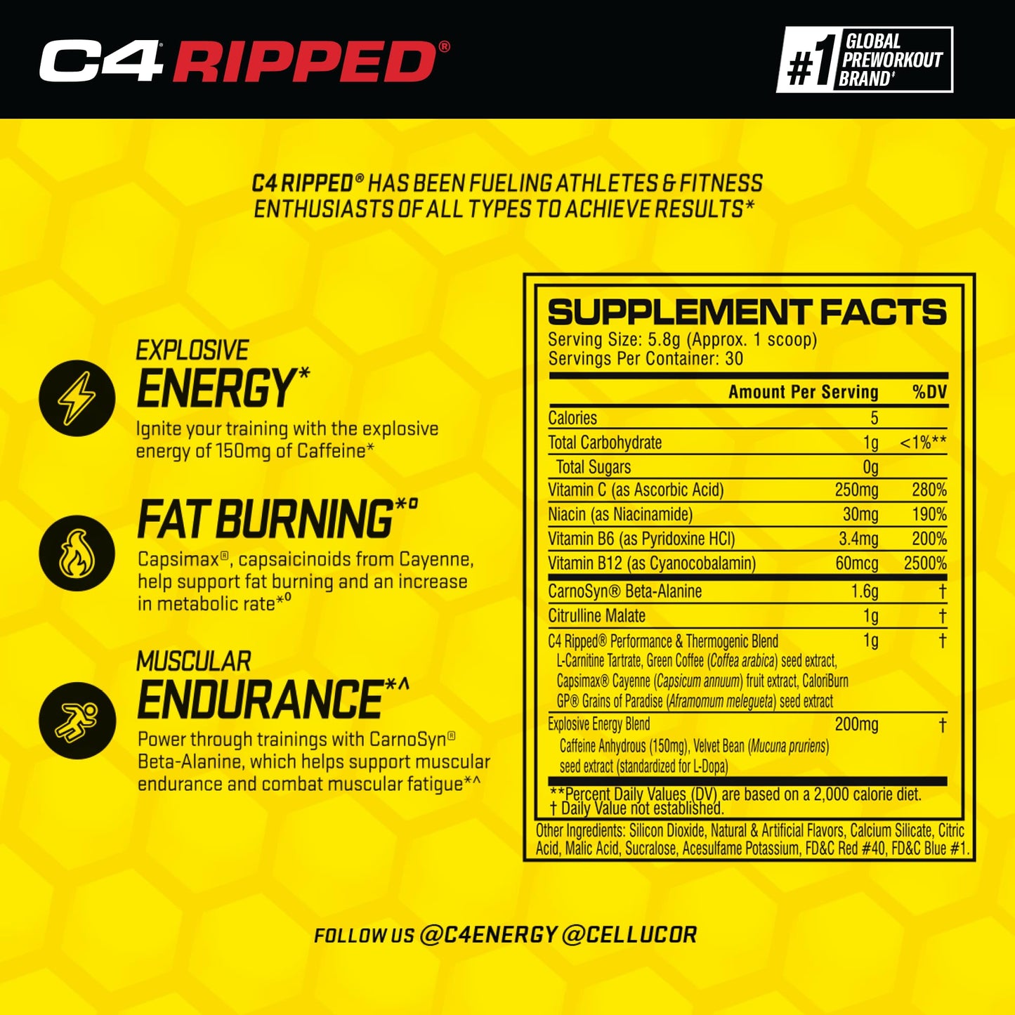 Cellucor C4 Ripped Pre Workout Powder Raspberry Lemonade | Creatine Free + Sugar Free CellucorBuy Supplements Australia