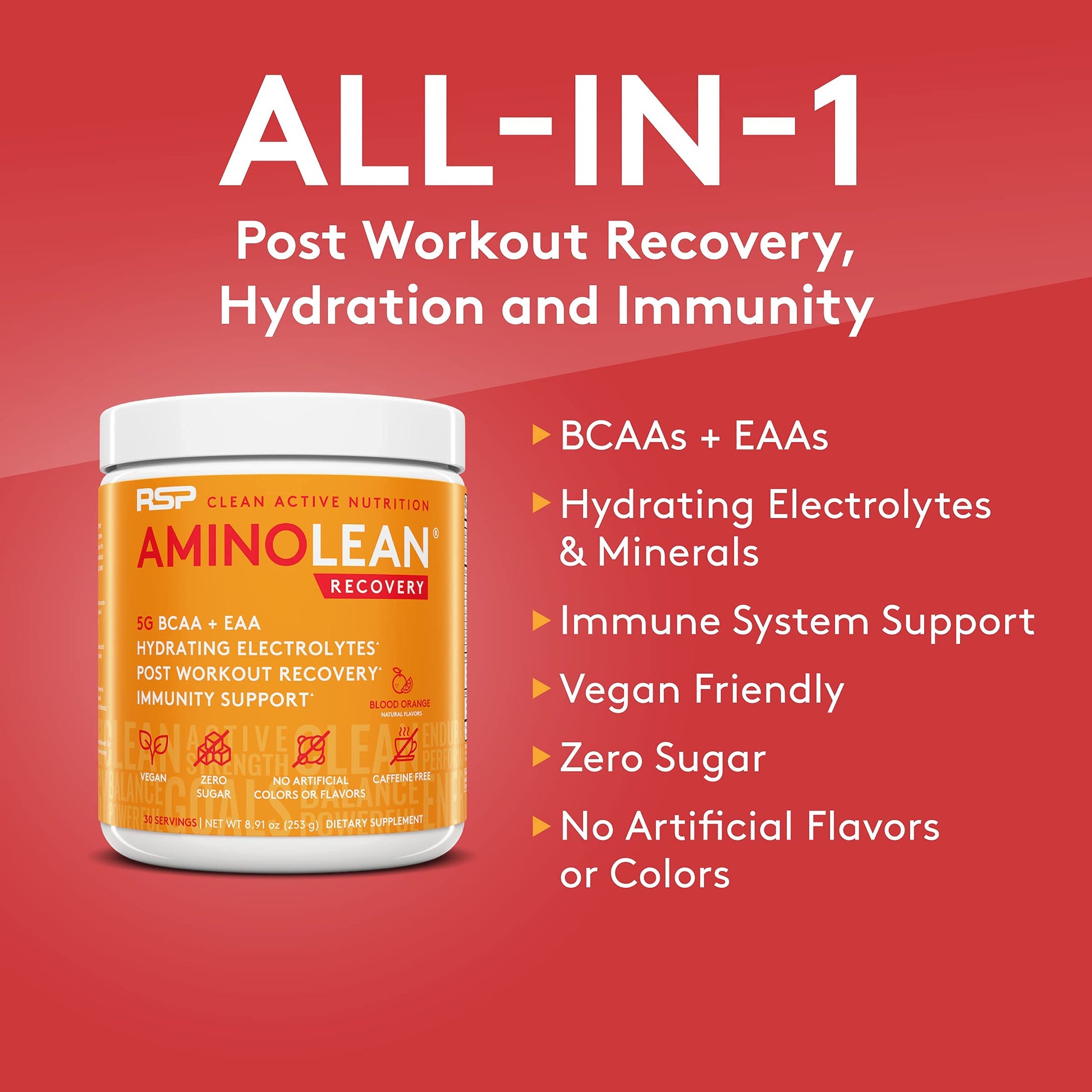RSP NUTRITION AminoLean Pre Workout Energy (Blue Raspberry 30 Servings) with AminoLean Recovery Post Workout Boost (Blood Orange 30 Servings)