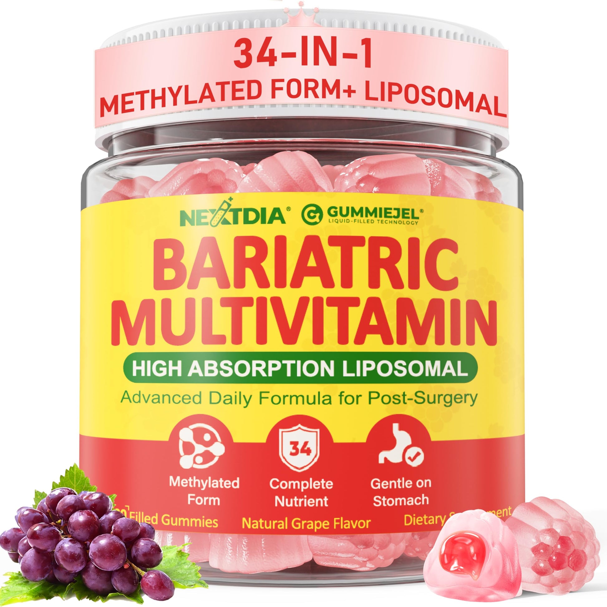 Liposomal Methylated Bariatric Multivitamin Gummies with Iron for Women & Men, High Absorption Multivitamin w/CoQ 10, Probiotic, Digestive Enzymes Support Gastric Bypass & Sleeve Recover, Energy,1Pack NextdiaBuy Supplements Australia